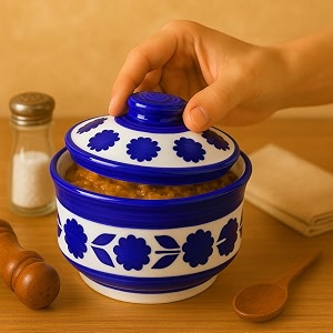 multipurpose ceramic donga dark indigo 450 ml lidded serving bowl microwave safe dishwasher safe gravy dal curry use