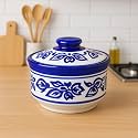 Multipurpose Ceramic Donga 450ML Blue Vine with Lid – Microwave Dishwasher Safe Serving Dish for Gravy Dal Curry and More