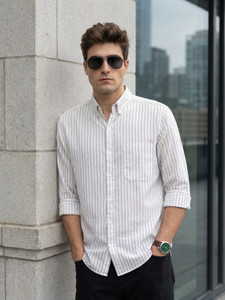 KUONS AVENUE Men Striped Casual White Shirt