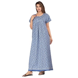 kuruti b sheets women cotton nighty gown floor length round neck short sleeves maxi jaipuri printed super comfy blue