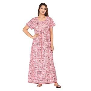 kuruti b sheets women cotton nighty gown floor length round neck short sleeves maxi jaipuri printed super comfy nighty pink