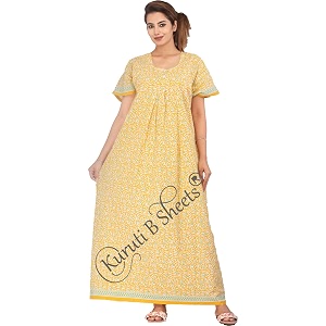 kuruti b sheets nighty for women cotton nighties for women nighty cotton floor length round neck 2 button short sleeves maxi jaipuri printed super comfy yellow