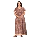 Kuruti B Sheets Women Cotton Nighty Gown Floor Length Round Neck Short Sleeves Maxi Jaipuri Printed Super Comfy Coffee