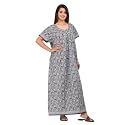 Kuruti B Sheets Women Cotton Nighty Gown Floor Length Round Neck Short Sleeves Maxi Jaipuri Printed Super Comfy Grey