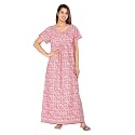 Kuruti B Sheets Women Cotton Nighty Gown Floor Length Round Neck Short Sleeves Maxi Jaipuri Printed Super Comfy Nighty Pink