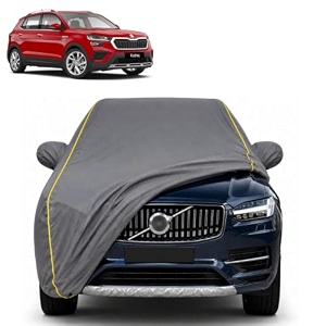 kushaq 100 waterproof car cover  dustproof sun protection cover  soft cotton lining  triple stitched  mirror pocket  antenna pocket  all weather body cover grey with yellow piping