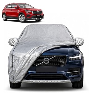 kushaq 100 waterproof car cover  dustproof sun protection cover  soft cotton lining  triple stitched  mirror pocket  antenna pocket  all weather body cover silver with yellow piping