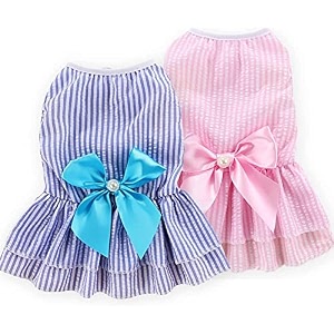 kutkut combo of 2 dress for small dog cat girl puppy princess tutu striped skirt summer shirt for shihtzu papillon pekingese etc cat pet apparel outfits size l adjustable chest 45cm