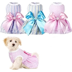 kutkut pack of 3 dresses for small dog cat girl clothesfemale princess tutu striped summer skirt for shihtzubichontoypoodle etc cat pet apparel outfits size xladjustable chest 50cmassorted