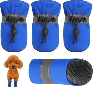 kutkut washable small dog boots paw protector for hot pavement  upgraded anti-slip dog shoes with reflective straps for shihtzu poodle bichon etc blue size 4 feet long 5 cm feet wide 4 cm