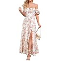 KUTUMAI Women Summer Puff Sleeve Off Shoulder Floral Flowy Long Maxi Dress