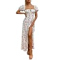 KUTUMAI Women Summer Puff Sleeve Off Shoulder Floral Flowy Long Maxi Dress