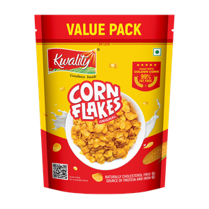 kwality corn flakes natural source of vitamins iron  proteins breakfast cereal pouch 500 g