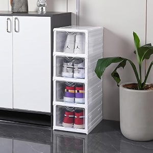 kwer drop front shoe organizer storage box no assembly stackable shoe storage bins with clear door free standing shoe shelf cabinet with lids plastic shoe rack for closet entryway 4-tier
