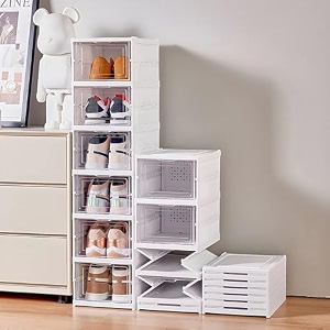kwer drop front shoe organizer storage box no assembly stackable shoe storage bins with clear door free standing shoe shelf cabinet with lids plastic shoe rack for closet entryway 6-tier