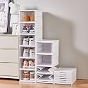 KWER Drop Front Shoe Organizer Storage Box, No Assembly Stackable Shoe Storage Bins with Clear Door, Free Standing Shoe Shelf Cabinet with Lids, Plastic Shoe Rack for Closet Entryway, 6-Tier