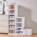 KWER Drop Front Shoe Organizer Storage Box, No Assembly Stackable Bins With Clear Door, Free Standing Shelf Cabinet With Lids, Plastic Rack for Closet Entryway, 3-Tier