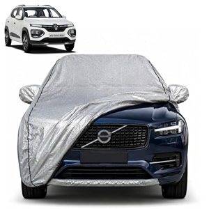 kwid 100 waterproof car cover  dustproof sun protection cover  soft cotton lining  triple stitched  mirror pocket  antenna pocket  all weather body cover silver with yellow piping