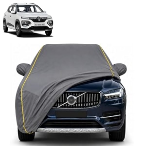 kwid 100 waterproof car cover  dustproof sun protection cover  soft cotton lining  triple stitched  mirror pocket  antenna pocket  all weather body cover grey with yellow piping