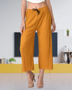 kwsh women regular fit yellow viscose rayon trousers