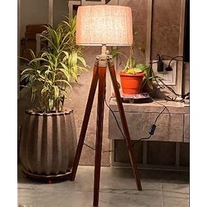 jute shade italian wooden tripod floor lamp for living room bedroom - adjustable modern lamp with brown stand with led bulb included pack of 1