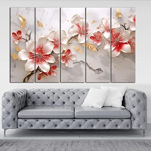 kyara arts-3d red white flower painting with frame big size 30inchx48inch wall art for living roombedroomdrawing roomhotels-wooden framed-digital painting