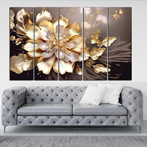 kyara arts-big golden flower painting with frame big size 30inchx48inch wall art for living roombedroomdrawing roomhotels-wooden framed-digital painting