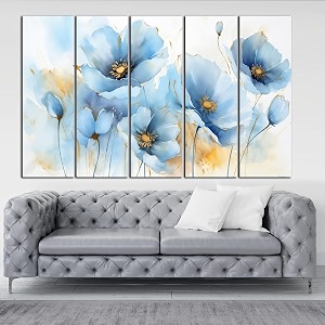 kyara arts-blue floral wall painting with frame big size 30inchx48inch wall art for living roombedroomdrawing roomhotels-wooden framed-digital painting