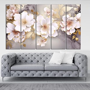 kyara arts golden leafs with white flower painting with frame big size 30inchx48inch wall art for living roombedroomdrawing roomhotels-wooden framed-digital painting