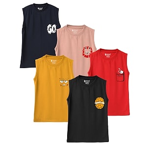 kyda kids boys cotton sleeveless regular fit printed vests  comfortable casual tank tops for boys  pack of 5