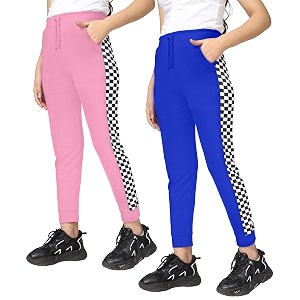 kyda kids girls 100 cotton chess print track pants  elastic waist regular fit  soft breathable kids casual wear with side pockets multicolor pack of 2