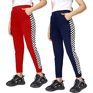 kyda kids girls 100 cotton chess print track pants  elastic waist regular fit  soft breathable kids casual wear with side pockets multicolor pack of 2