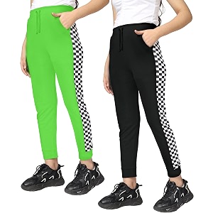 kyda kids girls 100 cotton chess print track pants  elastic waist regular fit  soft breathable kids casual wear with side pockets multicolor pack of 2