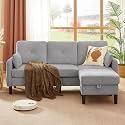 L Shaped Corduroy Sectional Sofa, 3 Seater with Storage Ottoman, 2 Throw Pillows, Side Pockets, Compact Couch for Small Spaces Living Room, Light Grey