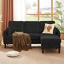L Shaped Corduroy Sectional Sofa Couch, 3 Seater Sofa with Storage Ottoman &amp; 2Throw Pillows &amp; Side Storage Pockets, Compact L Couch for Living Room, Black