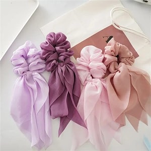 hair scarf scrunchies with ribbon chiffon hair ties long tail elastic hair rubber band for women pack of 4