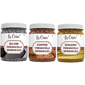 la casa metallic goldensilvercopper vermicelli sprinkles  combo pack of 3  ideal for cake decoration amp garnishing  3x200g 