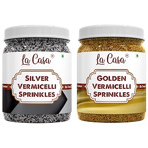 la casa metallic goldensilver vermicelli sprinkles  combo pack of 2  ideal for cake decoration amp garnishing  2x200g 