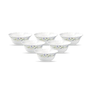 la opala diva classique collection opal glass crockery  vegetable bowl set of 6  morning glory design  for dal amp condiments  microwave safe  100 vegetarian  extra strong  light amp white