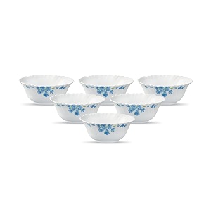 la opala diva classique collection opal glass crockery  vegetable bowl set of 6  aster blue design  for dal amp condiments  microwave safe  100 vegetarian  extra strong  light amp white