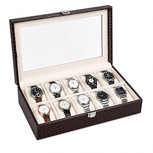 la trove 10 slot watch organizer glass lid case for men amp women brown
