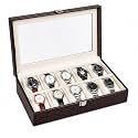 La Trove 10 Slot Watch Organizer, Glass Lid, Case for Men &amp; Women, Brown