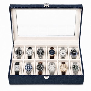 la trove 12-slot watch organizer box with glass lid blue