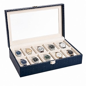 la trove 10 slot watch organizer box glass lid cushion display case blue