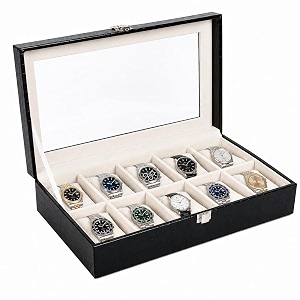 la trove 10 slot watch organizer box glass lid cushion case black