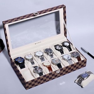 la trove 12 slot watch organizer box with glass lid for men amp women  luxury watch storage amp display case with soft cushions amp lock  watch holder organizer box  brown check