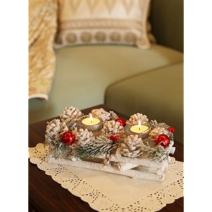 home  decorative candle holder centerpiece with wooden base pinecones amp berries  elegant tea light amp votive stand for christmas decoration festive home decor amp gifting table display