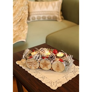 rustic diwali candle holder  3-tealight wooden log with pinecones frosted branches red ornaments amp snow effect  festive table centerpiece for christmas home decor amp lighting
