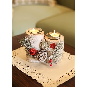 rustic log candle holder  dual tealight stand with pinecones red berries snowy accents amp evergreen sprigs  ideal centerpiece for christmas table decor amp festive home lighting