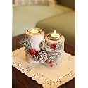 Rustic Log Candle Holder – Dual Tealight Stand with Pinecones, Red Berries, Snowy Accents &amp; Evergreen Sprigs – Ideal Centerpiece for Christmas Table Decor &amp; Festive Home Lighting
